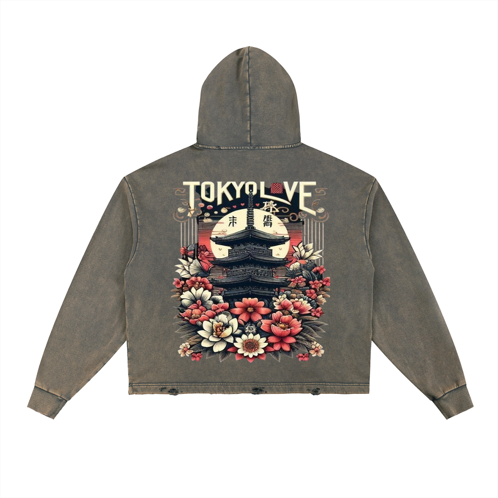 Vintage Washed Frayed-Hem Hoodie