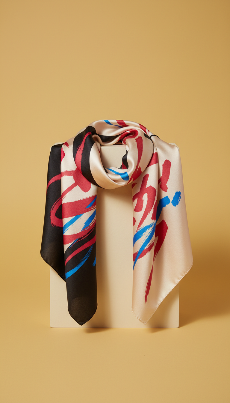 Silk Scarf Crimson Flash Calligraphy